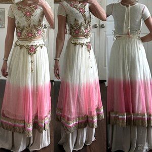 Pink white silver gold rhinestone beaded sequin lehenga choli crop top skirt set